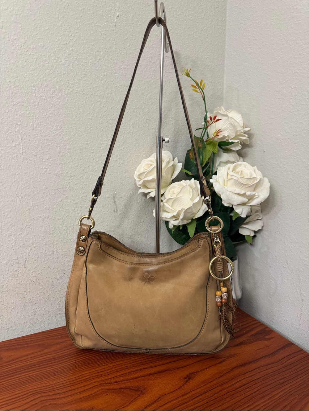 Patricia Nash Distressed Tan Leather Shoulder Bag with Tassel Charm